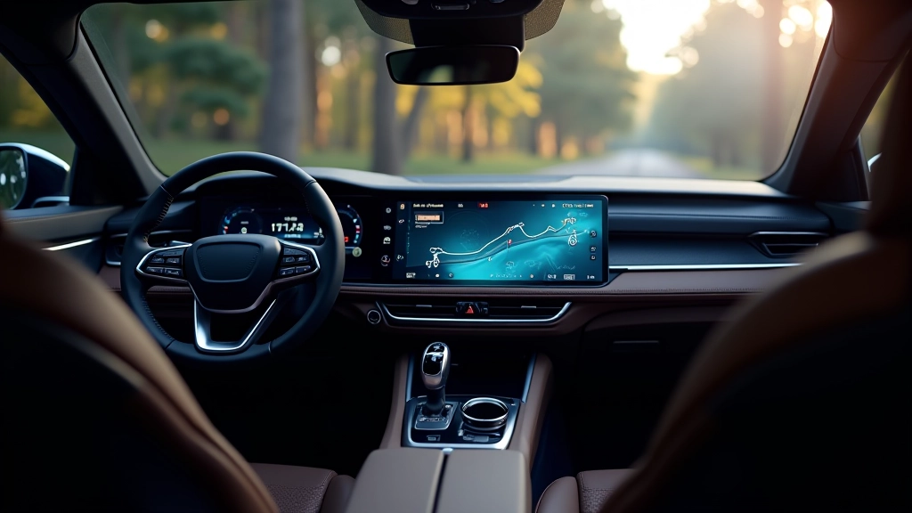 Moderns automobiles salons ar jutīgu ekrānu, AI vadības sistēmu un elegantiem materiāliem